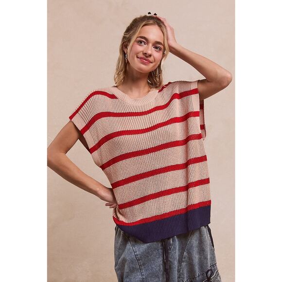 BiBi Fourth Of July Stripe Pattern Drop Shoulder Pullover Sweater | Oatmeal/Red - Picture 5 of 9
